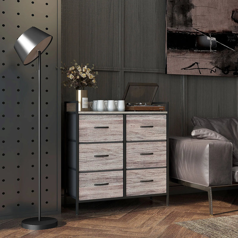 Bedroom Chest of Drawers - 6 Drawer Dresser with Shelf, Grey Wood Effect Table