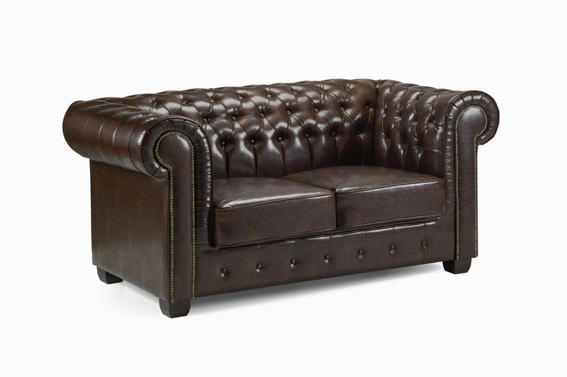 Luxury Antique Brown Chesterfield 2-Seater Sofa - Classic Tufted Design, Solid Wood Legs