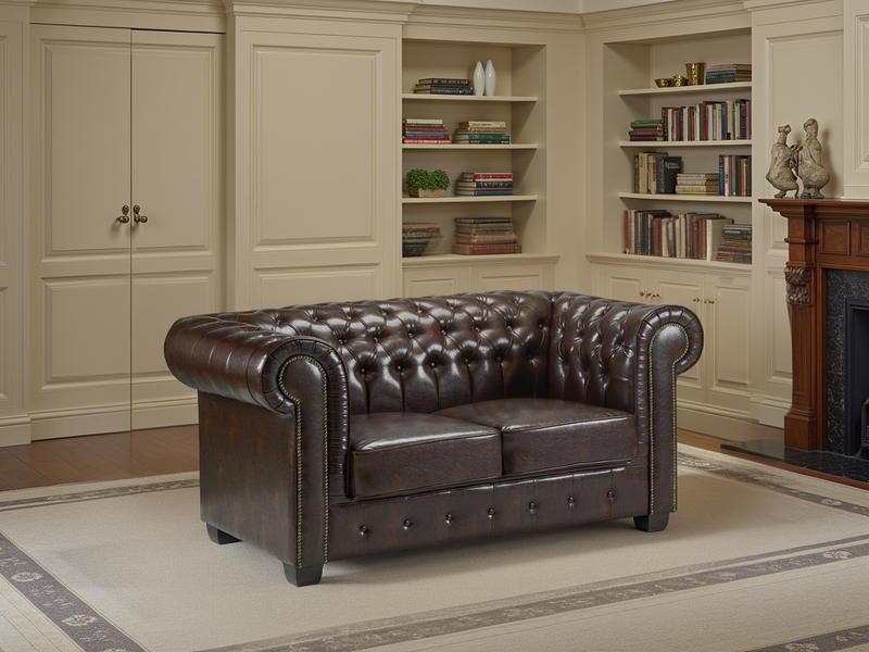 Luxury Antique Brown Chesterfield 2-Seater Sofa - Classic Tufted Design, Solid Wood Legs