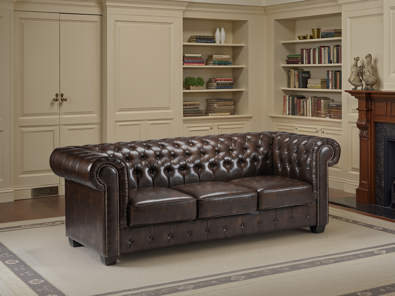 Classic Antique Brown Chesterfield 3 Seater Sofa - Button-Tufted, Plush Comfort