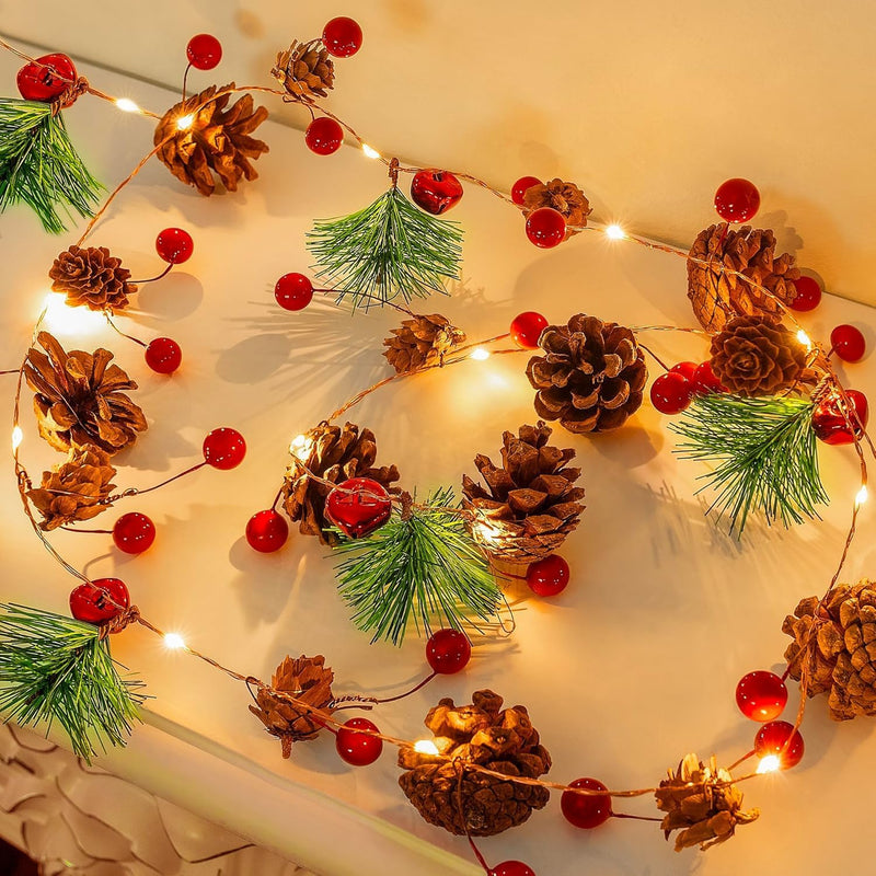 2m Christmas Garland with LED Lights Red Berries