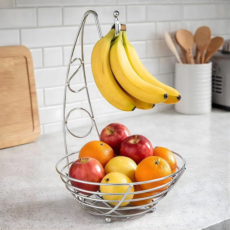 Chrome Fruit Basket with Banana Hanger Kitchen Counter Stand