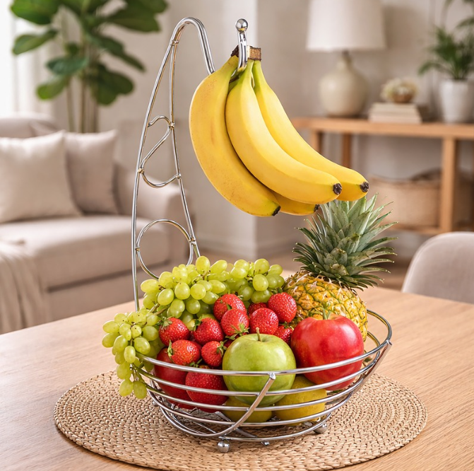 Chrome Fruit Basket with Banana Hanger Kitchen Counter Stand