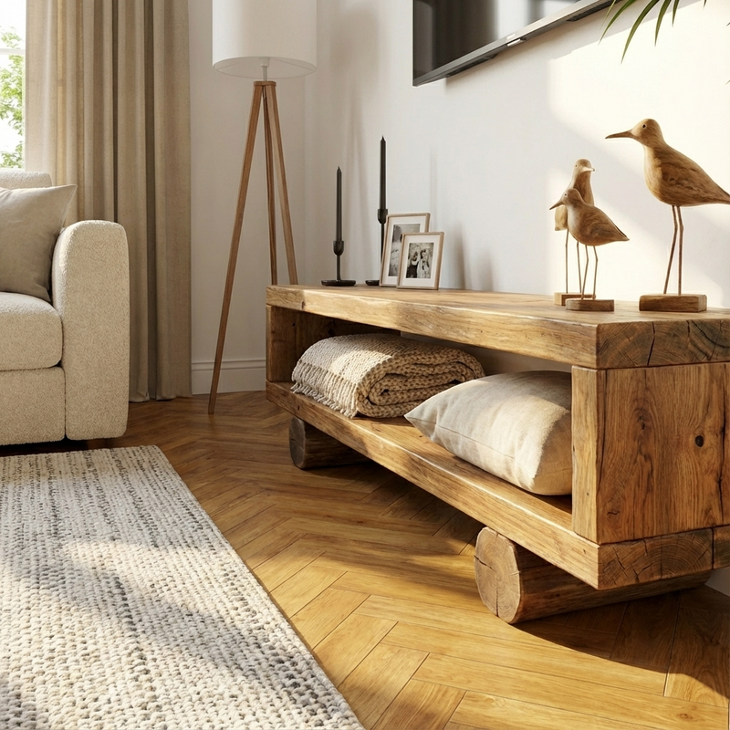 SERAPHINA Handmade Rustic Solid Wood TV Unit: Timber Media Console