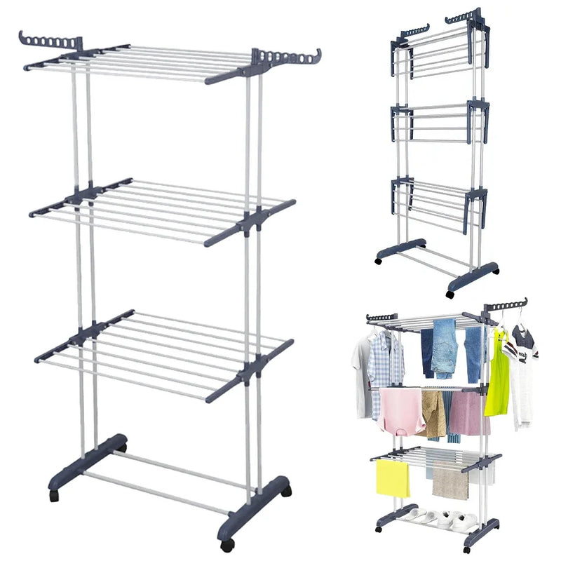 Foldable 4-Layer Drying Rack, Adjustable Towel Hanging Clothes Horse with Wheels