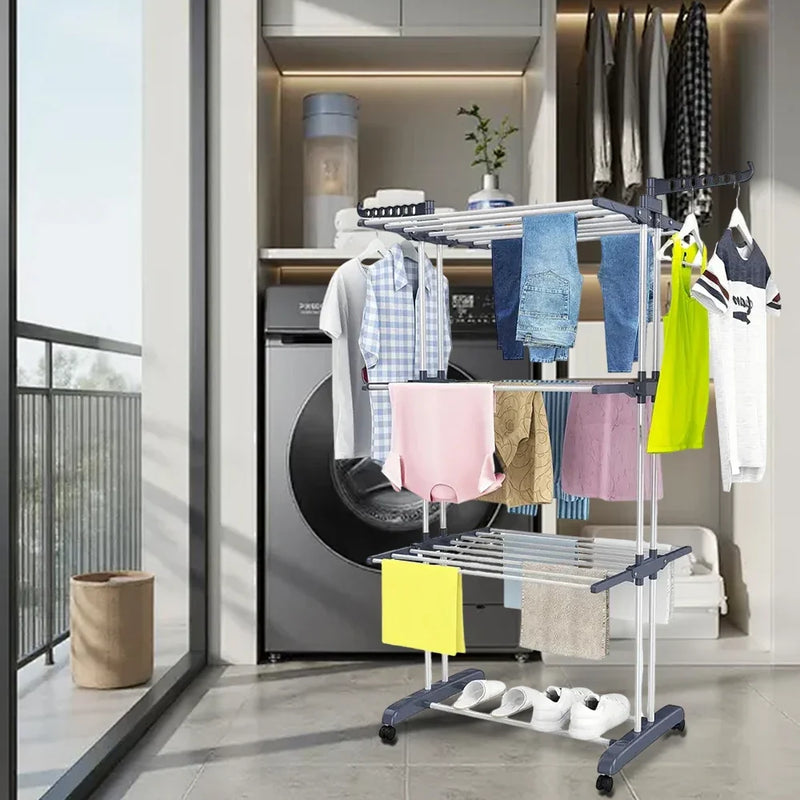 Foldable 4-Layer Drying Rack, Adjustable Towel Hanging Clothes Horse with Wheels
