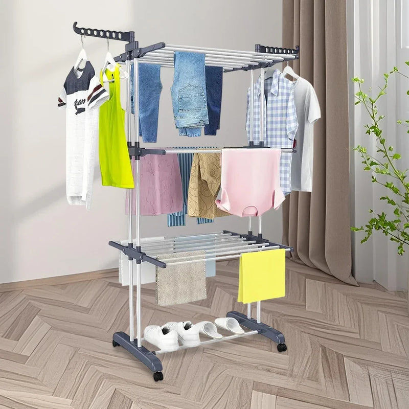 Foldable 4-Layer Drying Rack, Adjustable Towel Hanging Clothes Horse with Wheels