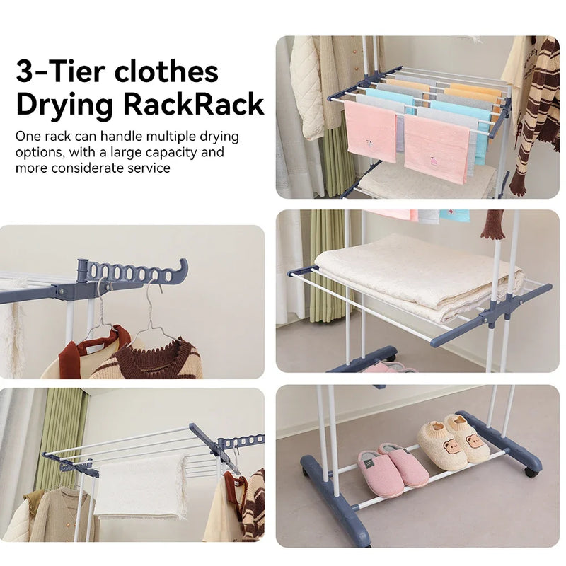 Foldable 4-Layer Drying Rack, Adjustable Towel Hanging Clothes Horse with Wheels