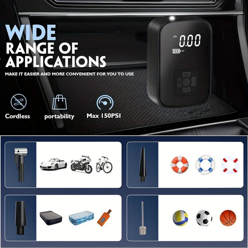 Digital Display Cordless Air Pump Tyre Inflator LED Light for Car Bike Wireless