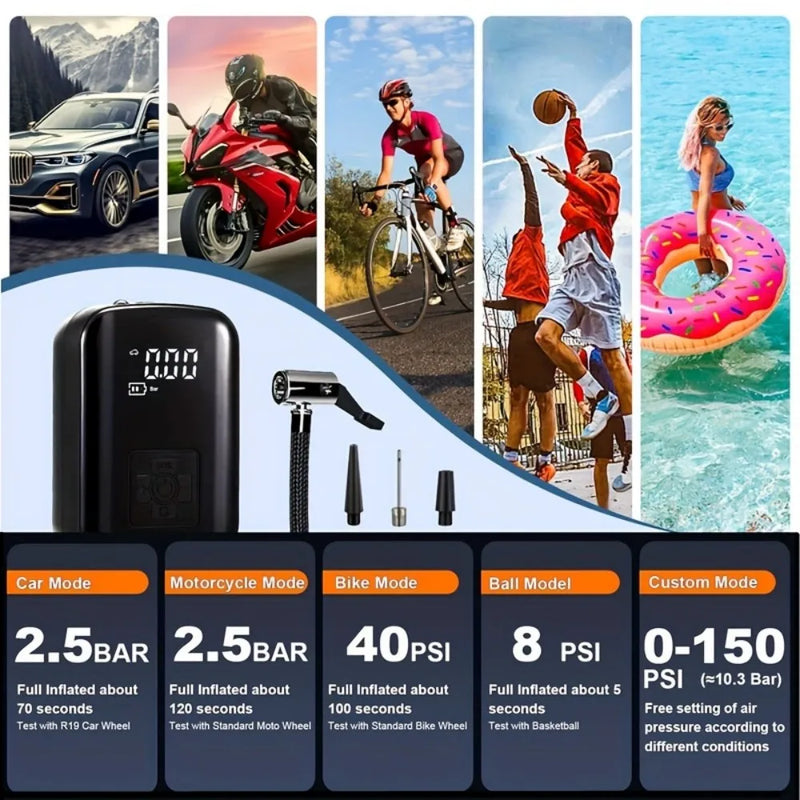 Digital Display Cordless Air Pump Tyre Inflator LED Light for Car Bike Wireless