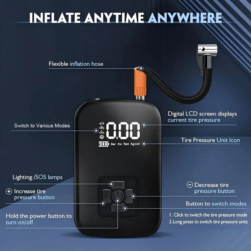 Digital Display Cordless Air Pump Tyre Inflator LED Light for Car Bike Wireless