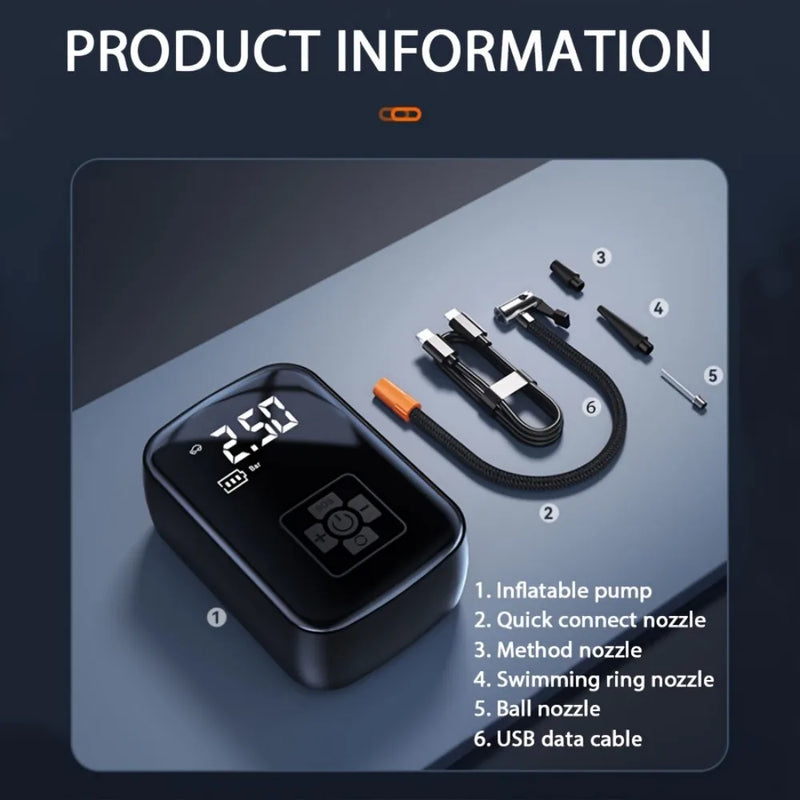 Digital Display Cordless Air Pump Tyre Inflator LED Light for Car Bike Wireless