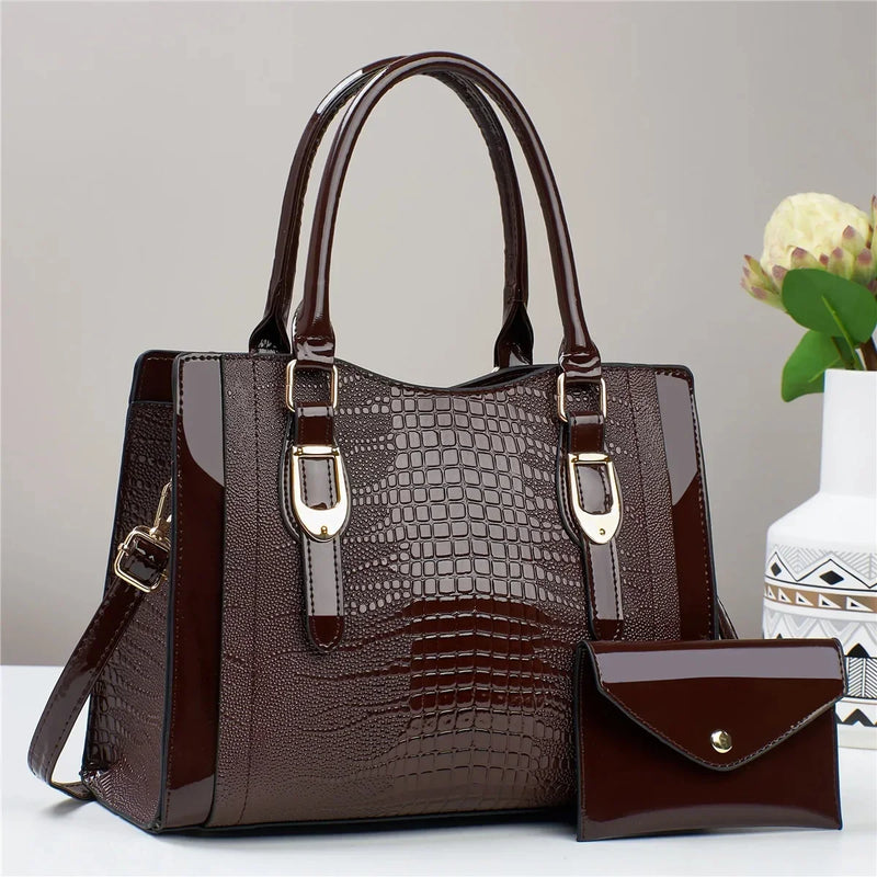 Large Capacity Crocodile Pattern Handbag PU Leather Shoulder Purse and Bag Set