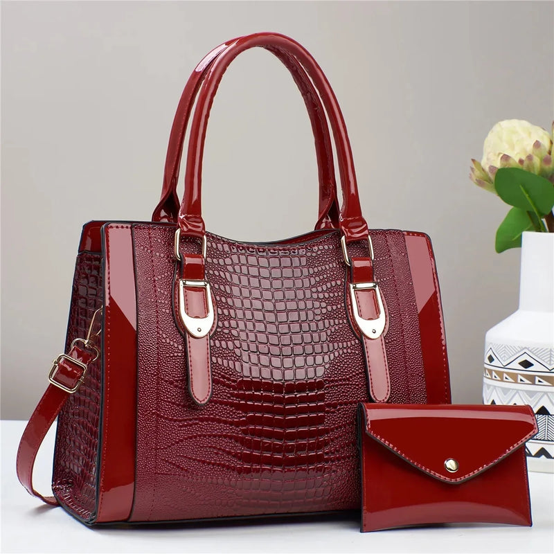 Large Capacity Crocodile Pattern Handbag PU Leather Shoulder Purse and Bag Set