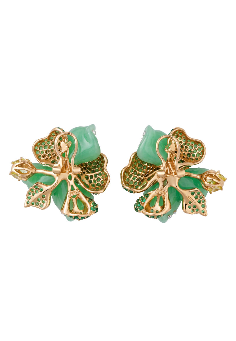Jade Rose Flower Stud Earrings Gold