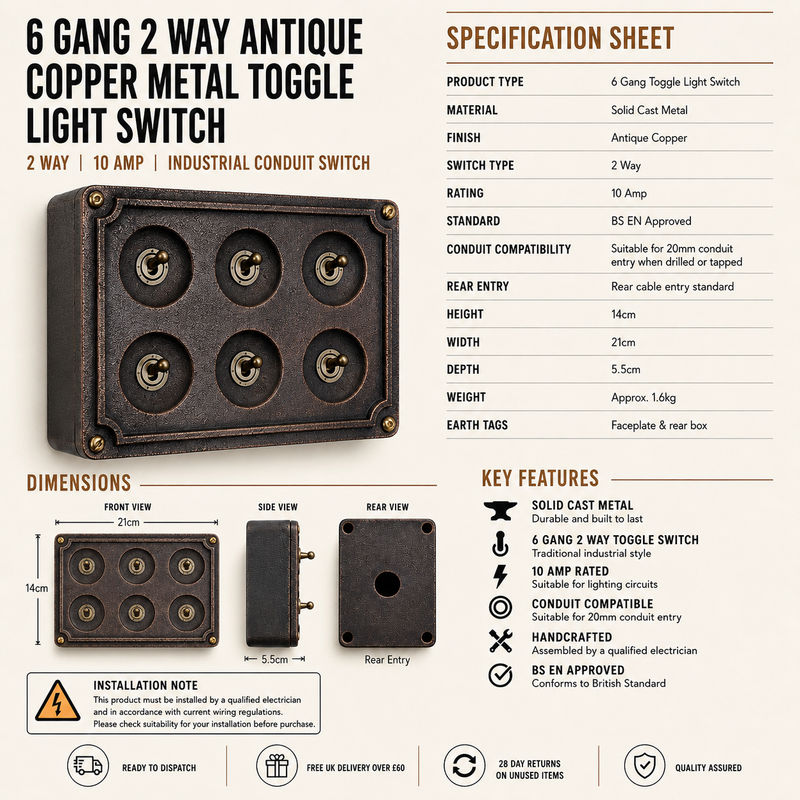 6 Gang 2 Way Antique Copper Solid Cast Metal Conduit Light Switch Industrial - BS EN Vintage Crabtree 1950’s Style