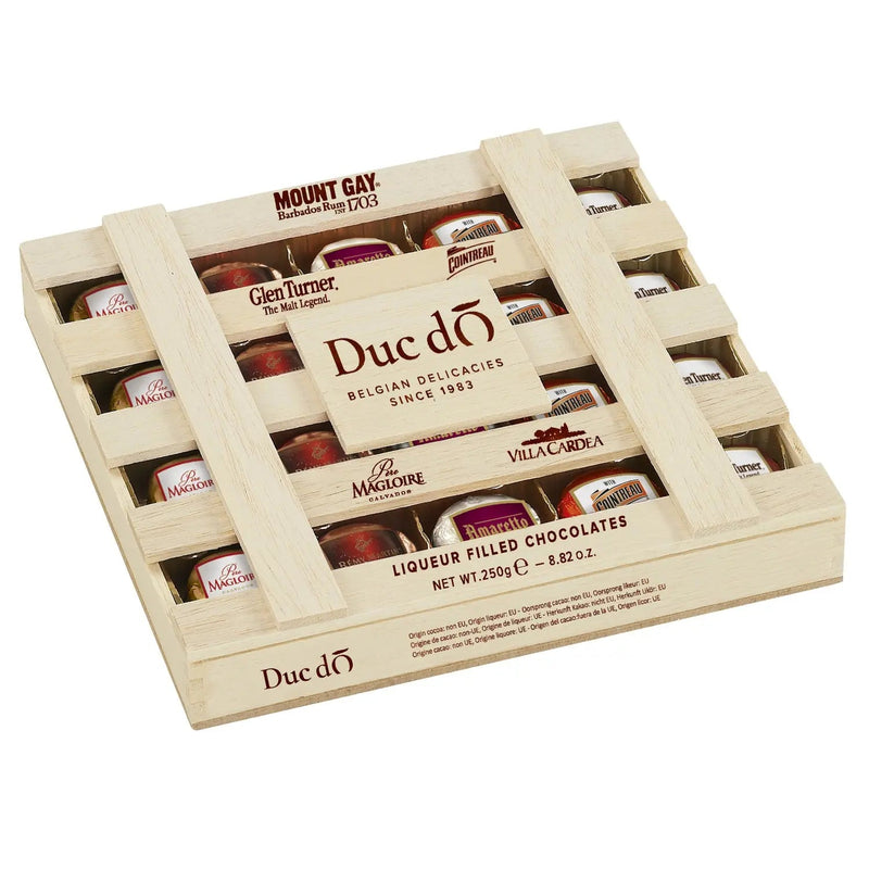 Duc d'O wooden crate of assorted liqueur filled chocolates with sugar crust