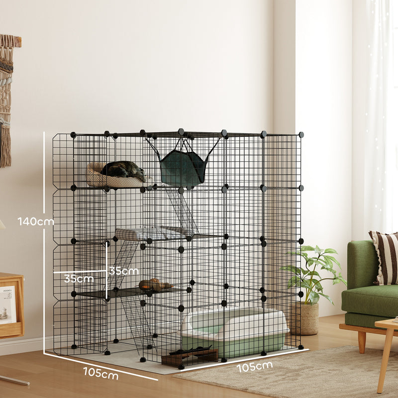 PawHut DIY 4 Tier Cat Cage Indoor with Hammock, Ramps, Doors, for 1-3 Cats