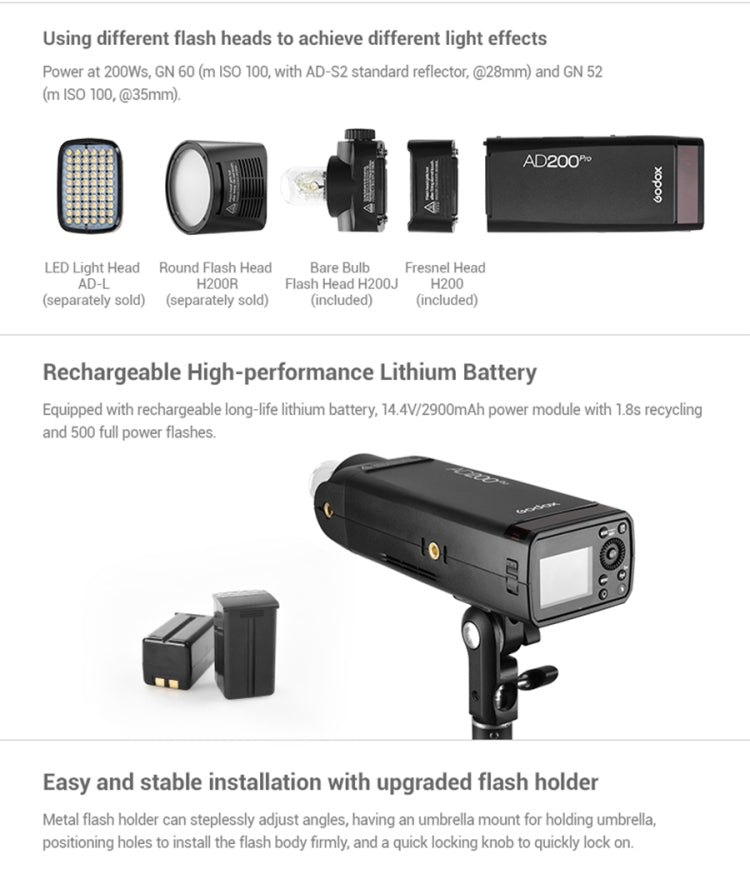 Godox AD200 Pro TTL Flash – 2.4GHz Wireless, HSS 1/8000s, 2900mAh