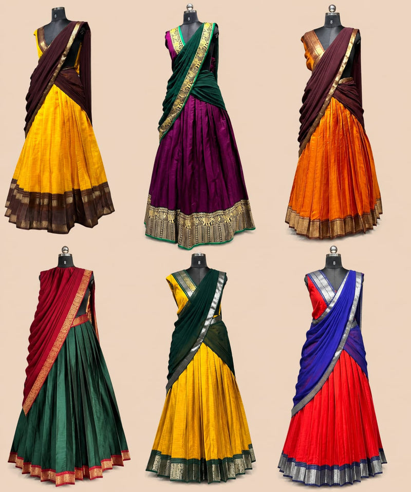 Kerala Half Saree Set for Women | Green & Red Traditional South Indian Half Saree | Ready to Wear Skirt Dupatta | Unstitched Blouse Piece