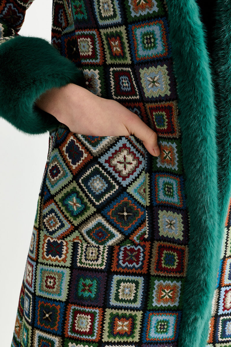 Delphia 70'S Patch Jacquard Fur Trim Coat – Multicoloured