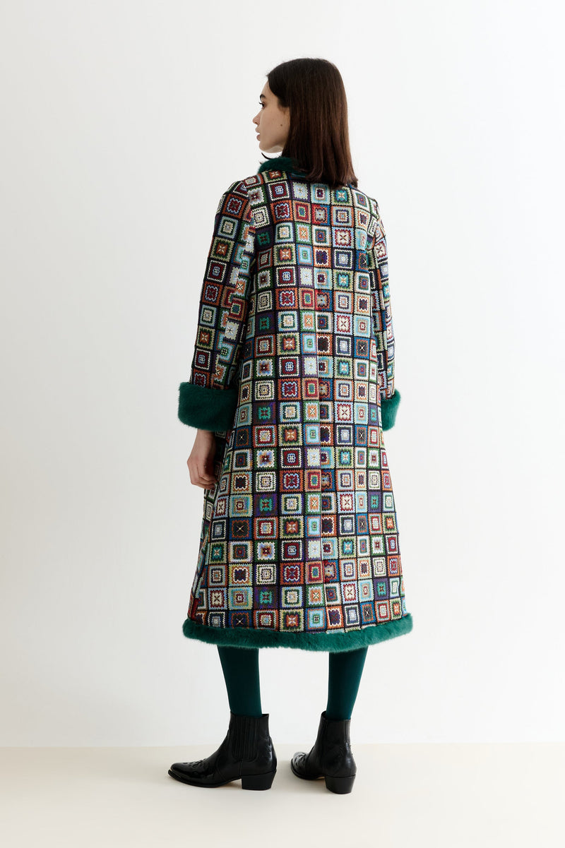 Delphia 70'S Patch Jacquard Fur Trim Coat – Multicoloured