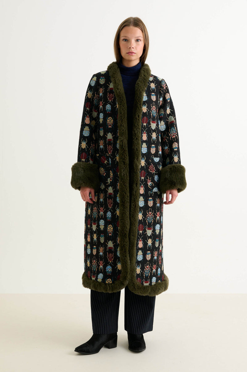 Delphia Beetlejuice Jacquard Fur Trim Coat – Multicoloured