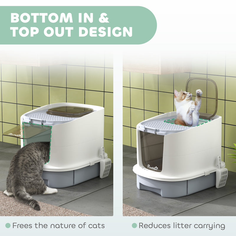 PawHut Cat Litter Box, Hooded Cat Litter Tray with Lid, Scoop, Grey