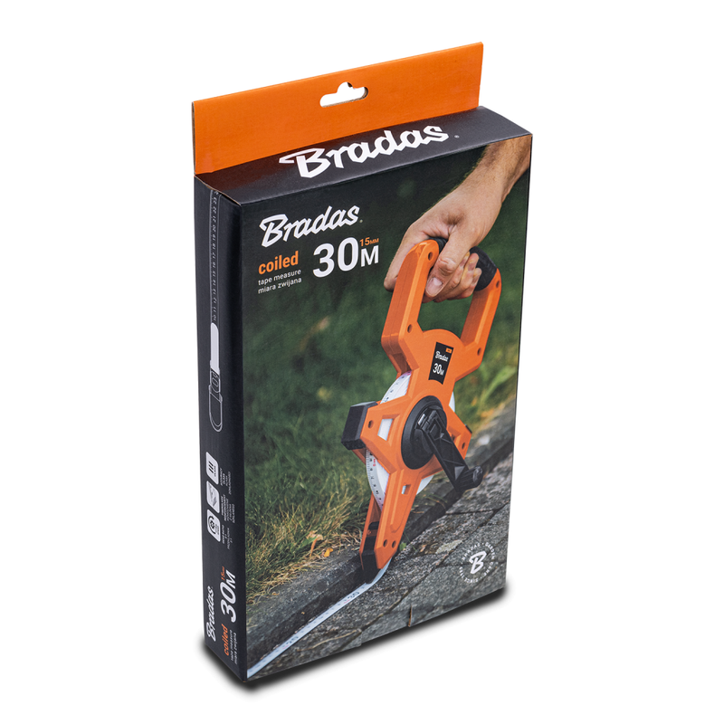 Fibreglass Coiled Tape Measure with Handle, 15mm Wide, Black/Orange (30m-100m)