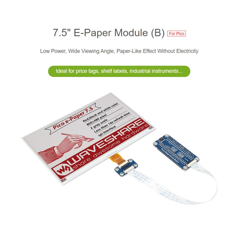 Waveshare 7.5 inch 800x480 Pixel Red Black White E-Paper E-Ink Display Module (B) for Raspberry Pi Pico, SPI Interface, 20129
