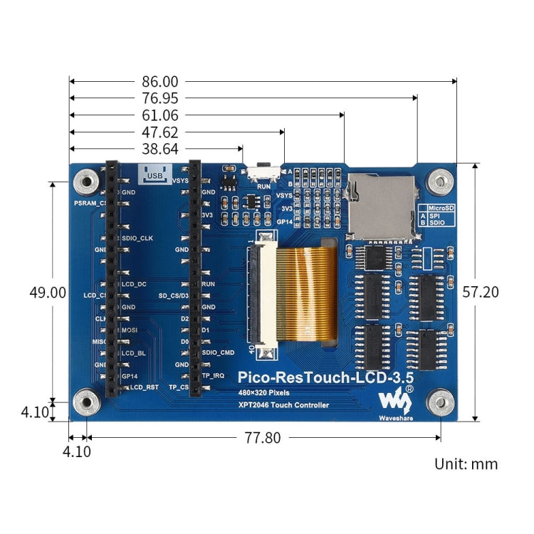 WAVESHARE 3.5 inch 65K Colors 480 x 320 Touch Display Module for Raspberry Pi Pico, SPI Interface, 3.5 inch