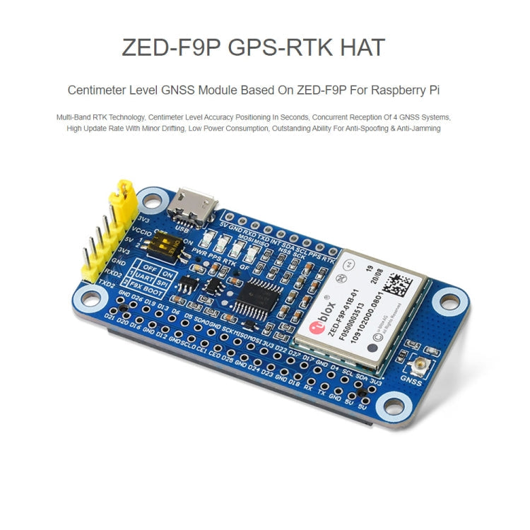 Waveshare ZED-F9P GPS-RTK HAT Centimeter Level Accuracy Multi-Band RTK Differential GPS Module for Raspberry Pi, ZED-F9P