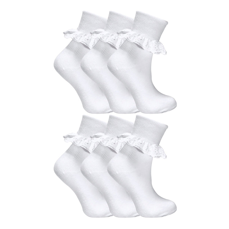 6 Pack Girls Frilly Fancy Lace Cotton Socks