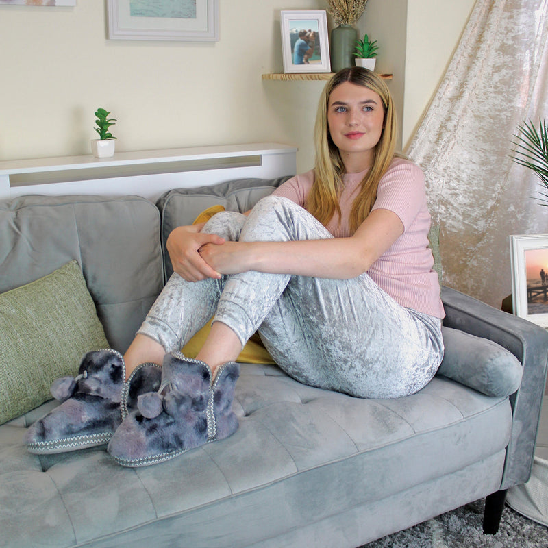 Ladies Fluffy Pom Pom Memory Foam Slipper Booties (6 Sizes)