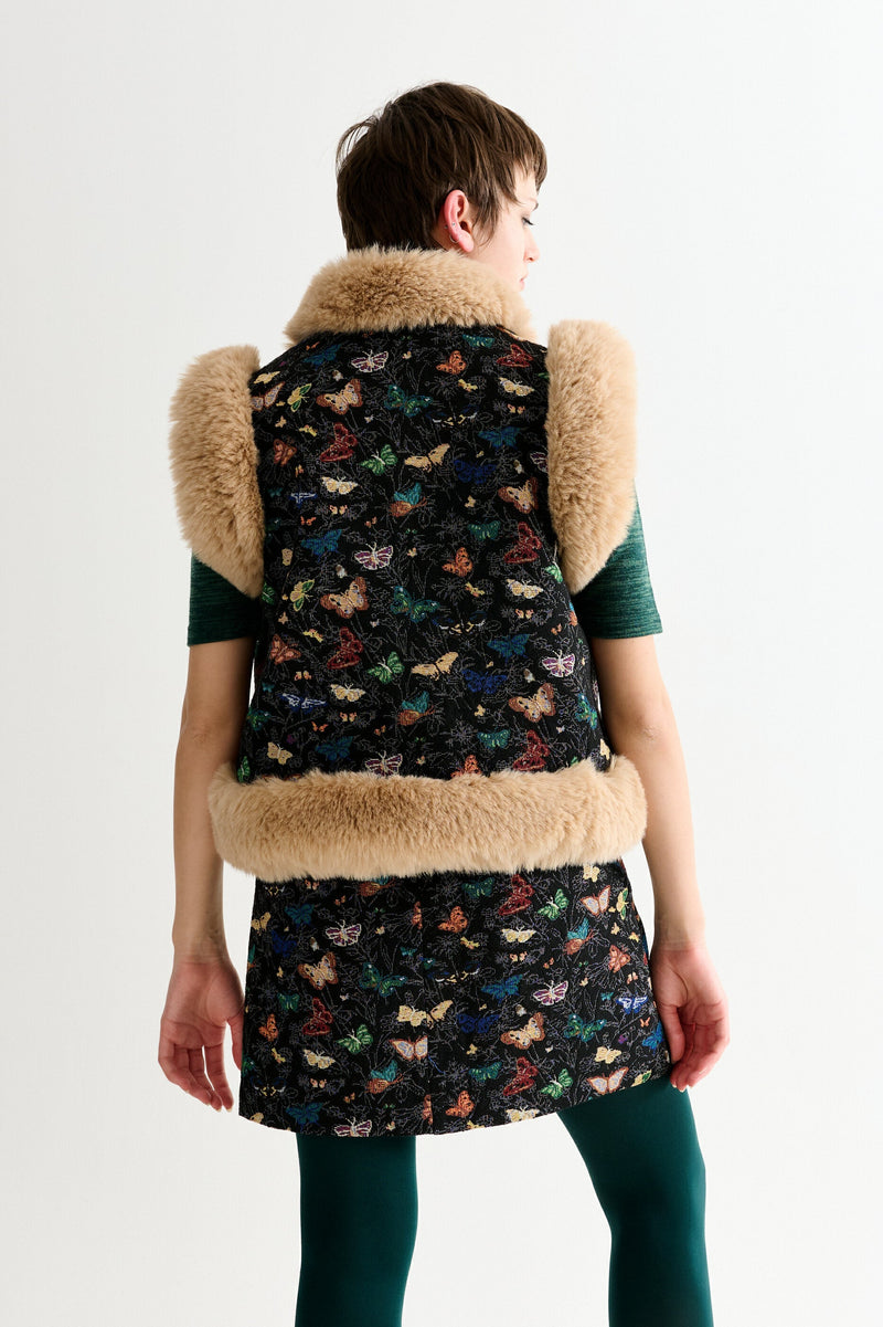 Dominica Butterfly Ball Jacquard Faux Fur Trimmed Waistcoat – Multicoloured