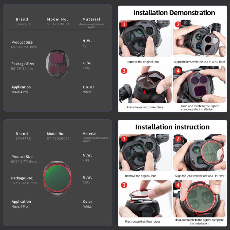 For DJI Mavic 4 Pro STARTRC 4 in 1 CPL ND8 ND32 ND64 Lens Filter Kit, CPL ND8 ND32 ND64