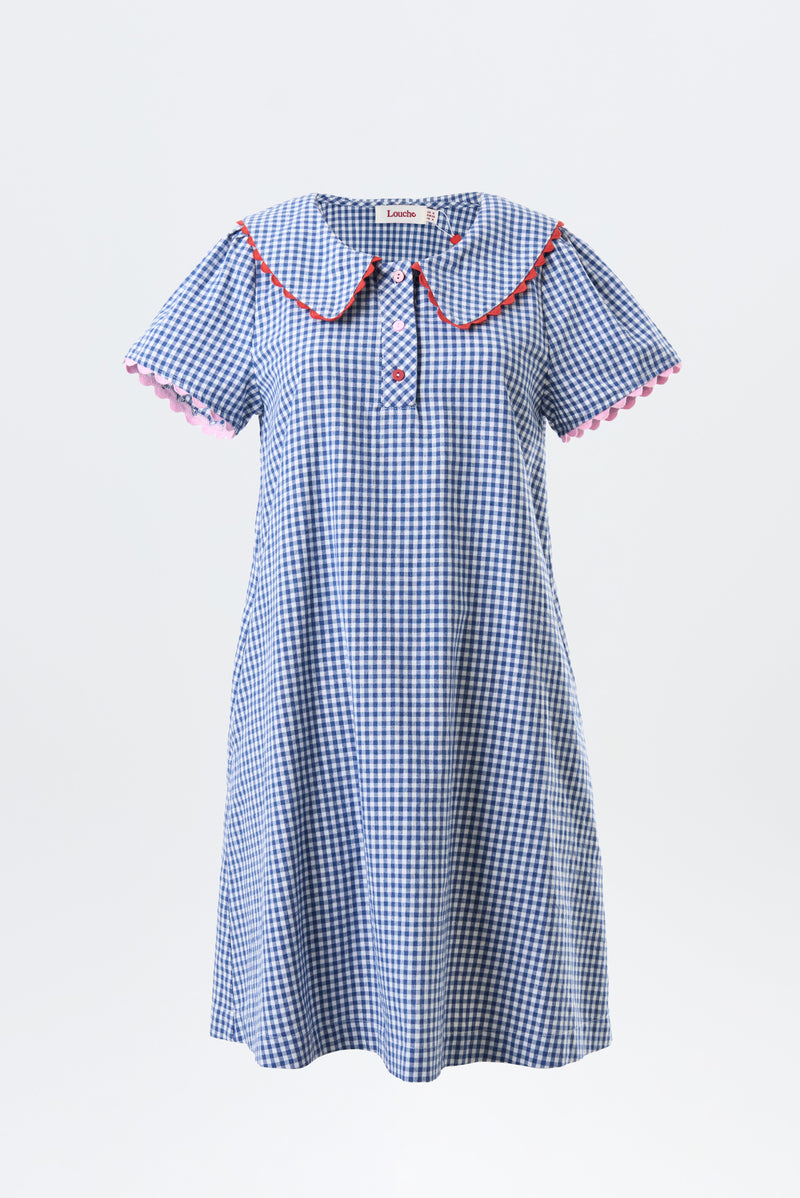 Dot Gingham Ric Rac Trim Statement Collar Mini Dress - Blue