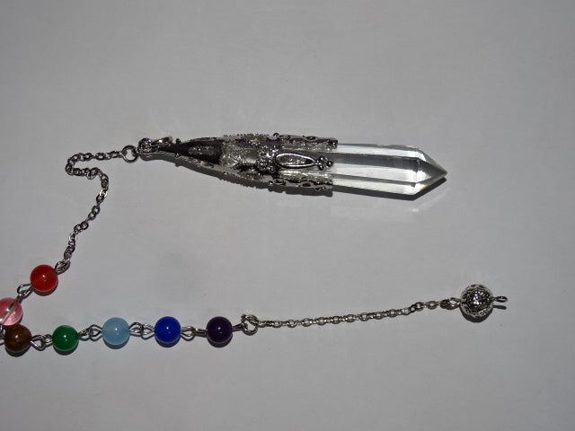 Genuine Clear Quartz Dowsing Pendulum / Pendant with Chakra Bracelet