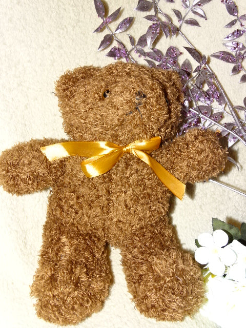 Cute Curly Plush Brown Bear with Bow.   Approx 24cm Tall