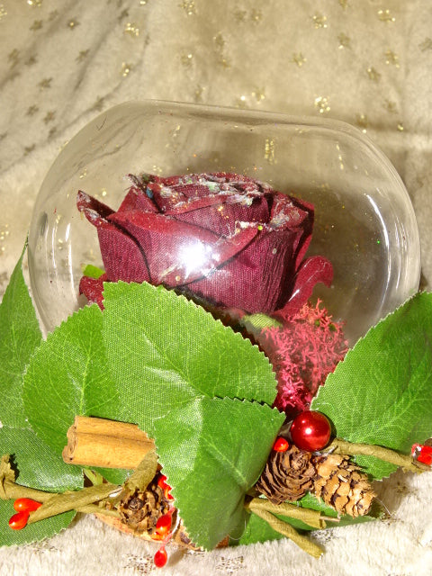 Handmade Festive Glitter Rose in Glass Dome/jar