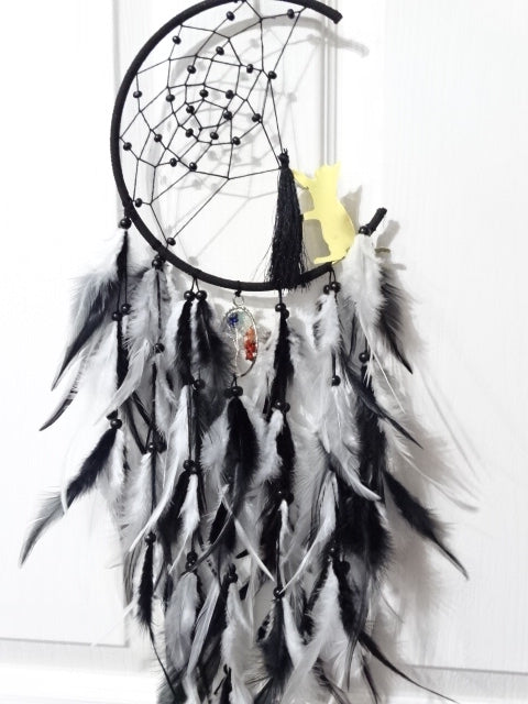 'Midnight Cat'  Feather and Imitation Gemstone Dreamcatcher
