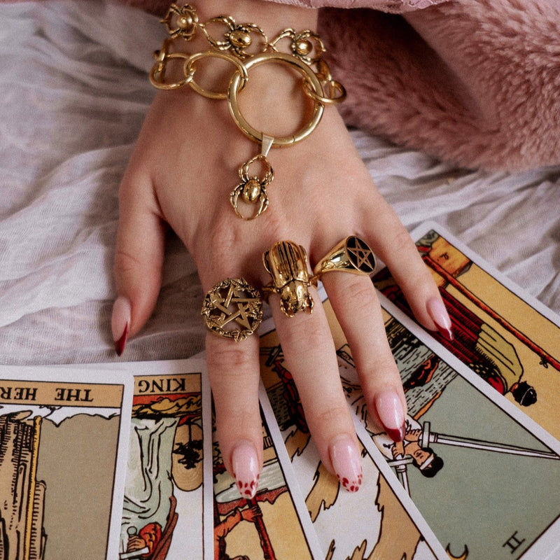Gold Green Witch Pentacle Ring