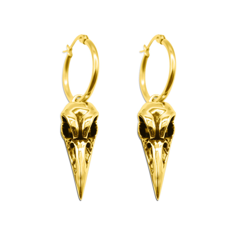 Gold Raven Bird Skull Earrings