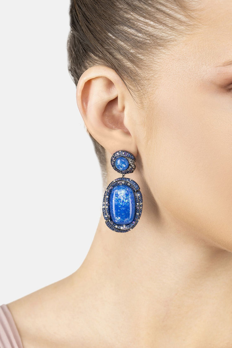 Fiorella Blue Opal Drop Earrings Silver Oxidised