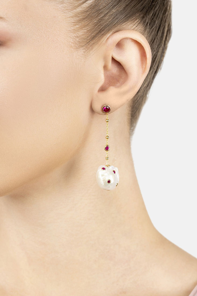 Polka Dot Baroque Pearl Chain Drop Earrings Gold Ruby