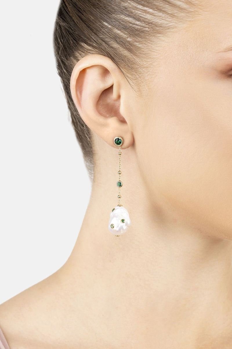 Polka Dot Baroque Pearl Chain Drop Earrings Gold Emerald