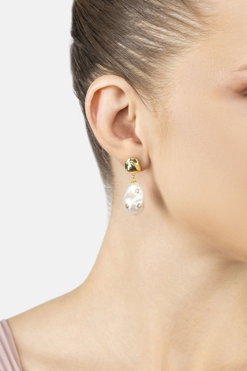 Polka Dot Baroque Pearl Drop Earrings Gold Cz