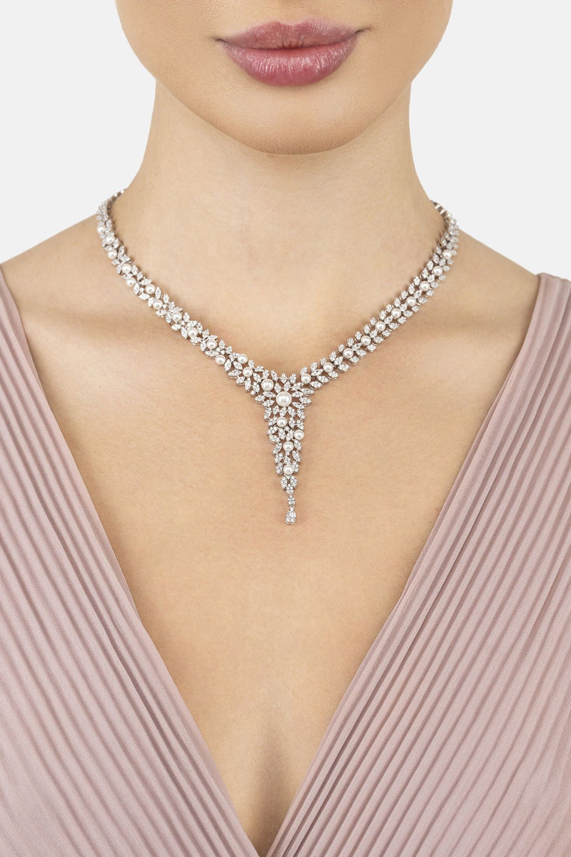 Marquise Statement Necklace Pearl Silver