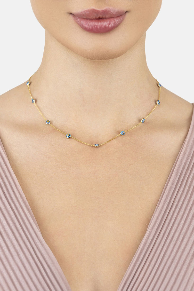 Evil Eye Blue Enamel Choker Necklace Gold