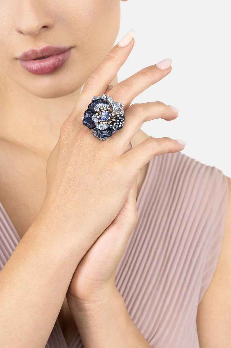 Blue Rose Flower Cocktail Ring Dual Plating